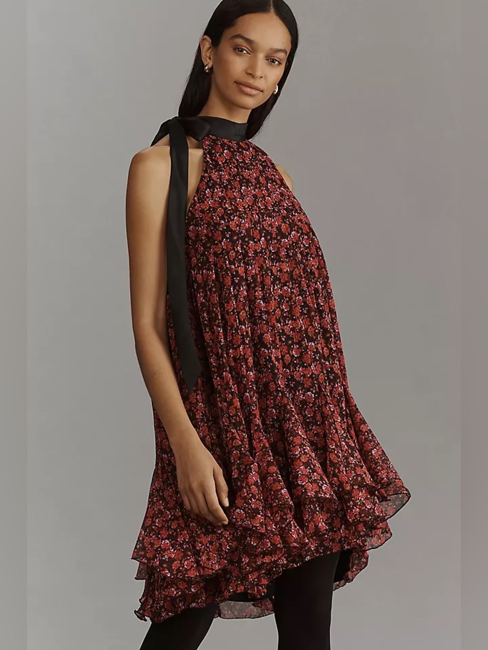Anthropologie Tie Halter Ruffled Floral Mini Dress